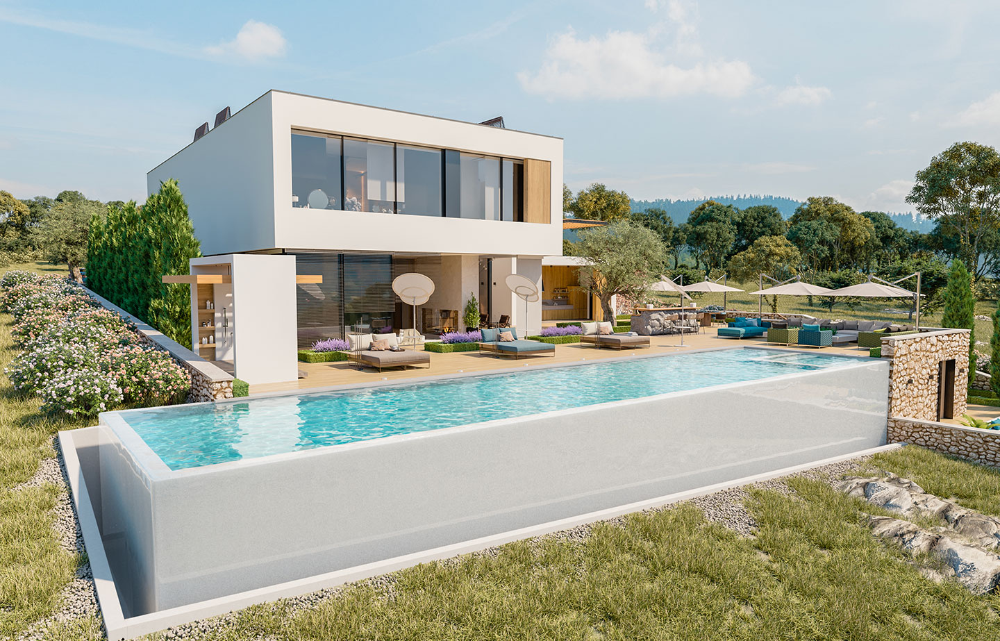 a house with a swimming pool in front of it
