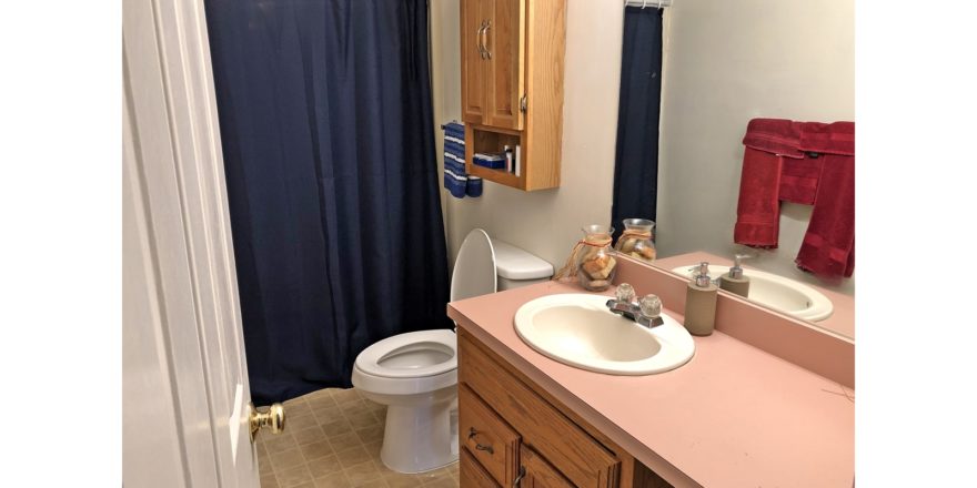 Bathroom with toilet, vanity with large mirror, medicine cabinet above the toilet, and shower curtain