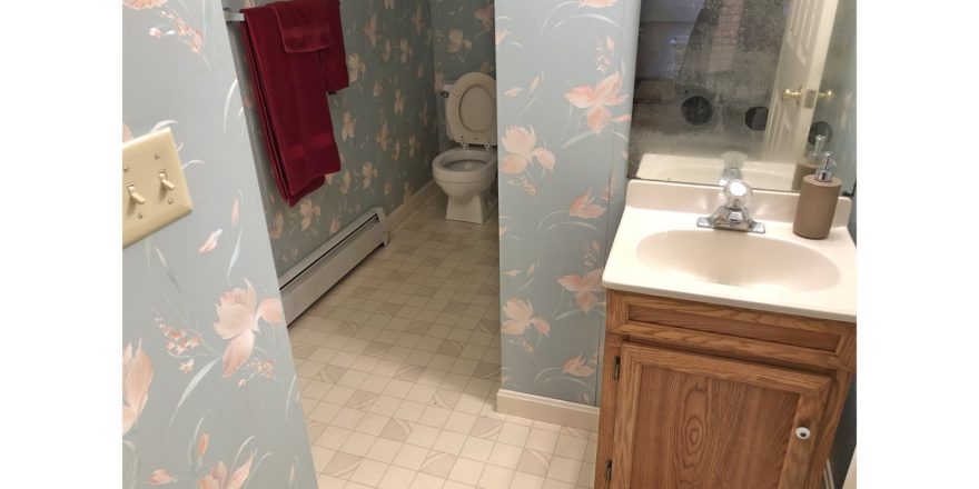 Bathroom with wallpaper, toilet, and small vanity with mirror