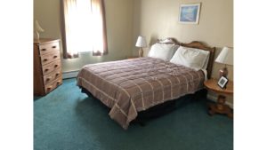 Carpeted bedroom with queen bed, two end tables with lamps, picture, window, and dresser with five drawers and a lamp on top