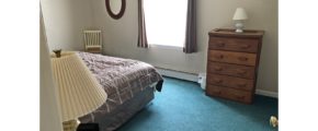 Carpeted bedroom with queen bed, window, mirror, chair, nightstand with lamp, and wooden dresser with five drawers and lamp