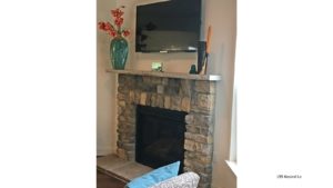 Living room with wood-burning fireplace, stone mantle, and television