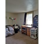 Carpeted bedroom with twin bed, lamp, window, desk and shelving
