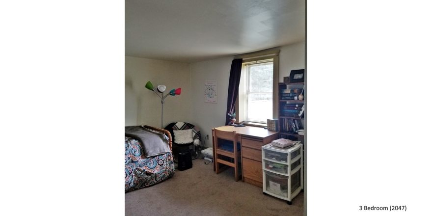 Carpeted bedroom with twin bed, lamp, window, desk and shelving