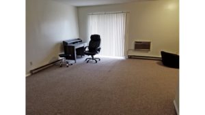 Carpeted living room with desk and desk chair