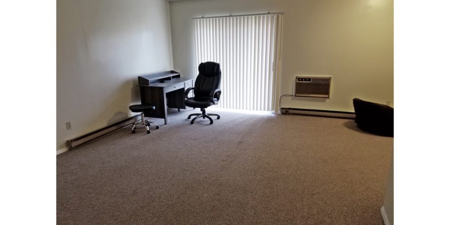 Carpeted living room with desk and desk chair