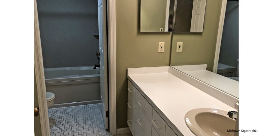 Bathroom with large vanity, tub/shower combo, and toilet