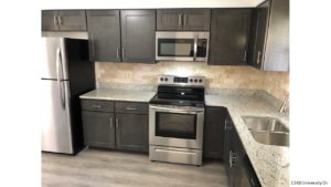 Kitchen with stainless steel appliances, dark gray cabinets, stone-style countertops, and wood-style flooring