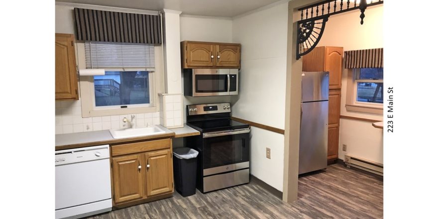 Kitchen with light wood cabinets, stainless steel and white appliances, and tile backsplash