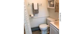 Bathroom with vanity, toilet, and medicine cabinet above the toilet