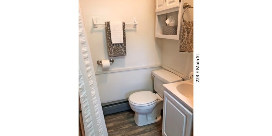 Bathroom with vanity, toilet, and medicine cabinet above the toilet