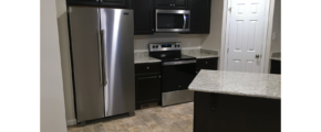 Kitchen with stainless steel appliances, black cabinets, and stone counter tops