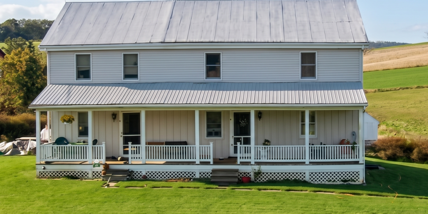 a large white house sitting on top of a lush green field
