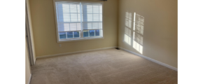 an empty room with two windows and a carpeted floor