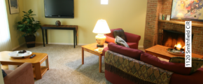 a living room filled with furniture and a fire place