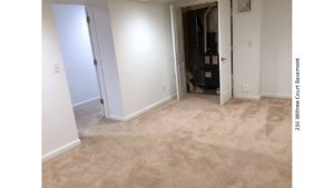 Basement room, carpeted with beige carpet, doorway on the left, closet ahead