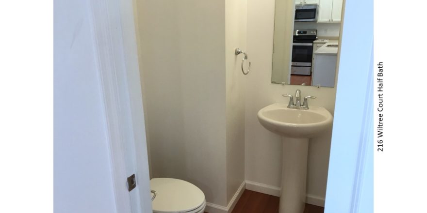 Half-bathroom with toilet, pedestal sink, and mirror