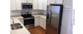 U-shaped kitfchen with white cabinets and countertops, hardwood floor, and stainless steel appliances