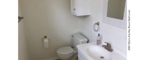 Bathroom with small vanity, toilet, mirror, and medicine cabinet above the toilet