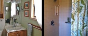 Bathroom with shower, basin and mirror