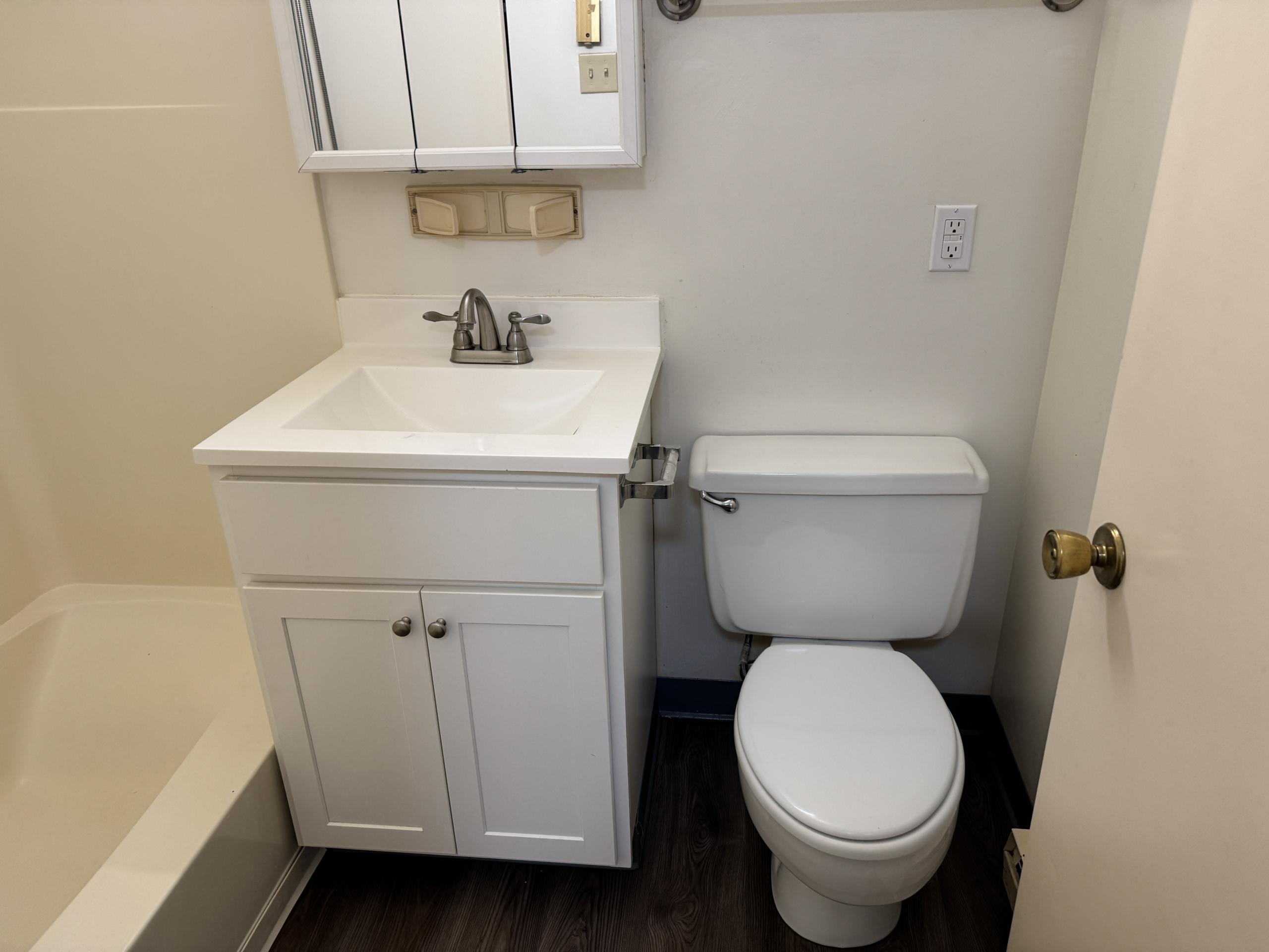 Bathroom with white vanity, sink, toilet, and bathtub