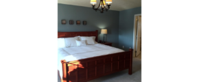 Carpeted bedroom with large bed, chandelier, and attached bathroom