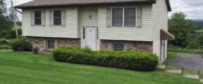 a white house with two bushes in front of it