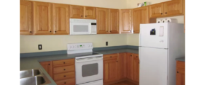 Kitchen with wood-tone cabinets, double bowl sink and white appliances