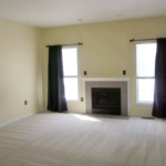Carpeted living room with fireplace