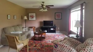 Carpeted family room with seating, accent tables, television and ceiling fan