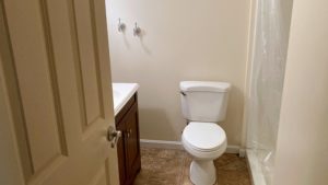 Bathroom with shower stall, vanity, and toilet