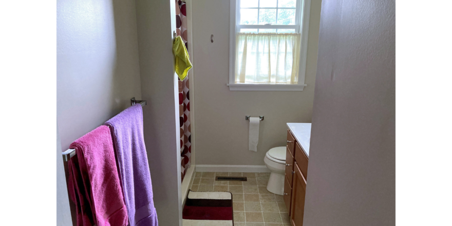 Bathroom with shower stall, vanity, and toilet