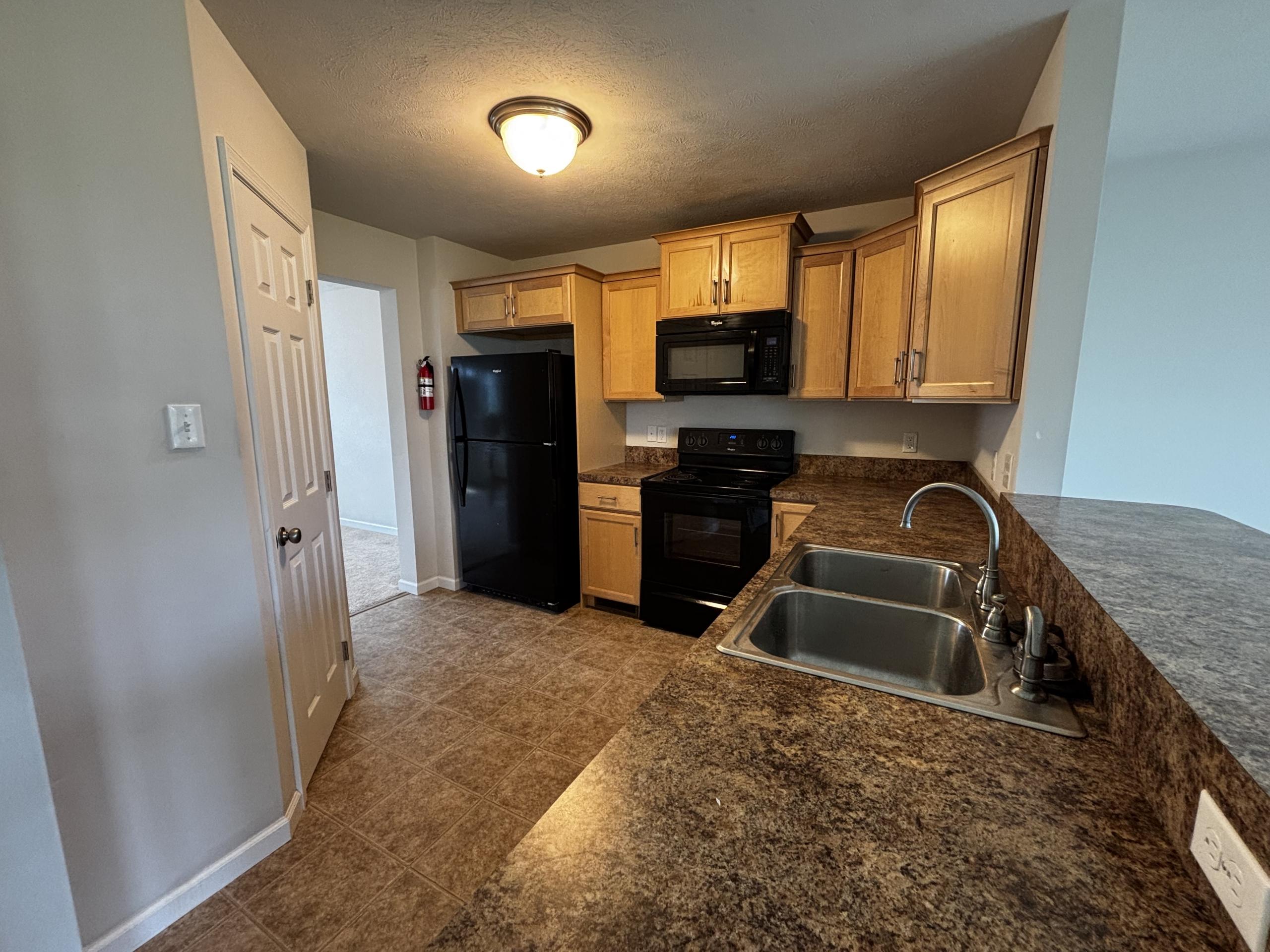 Kitchen with stainless steel sink and appliances