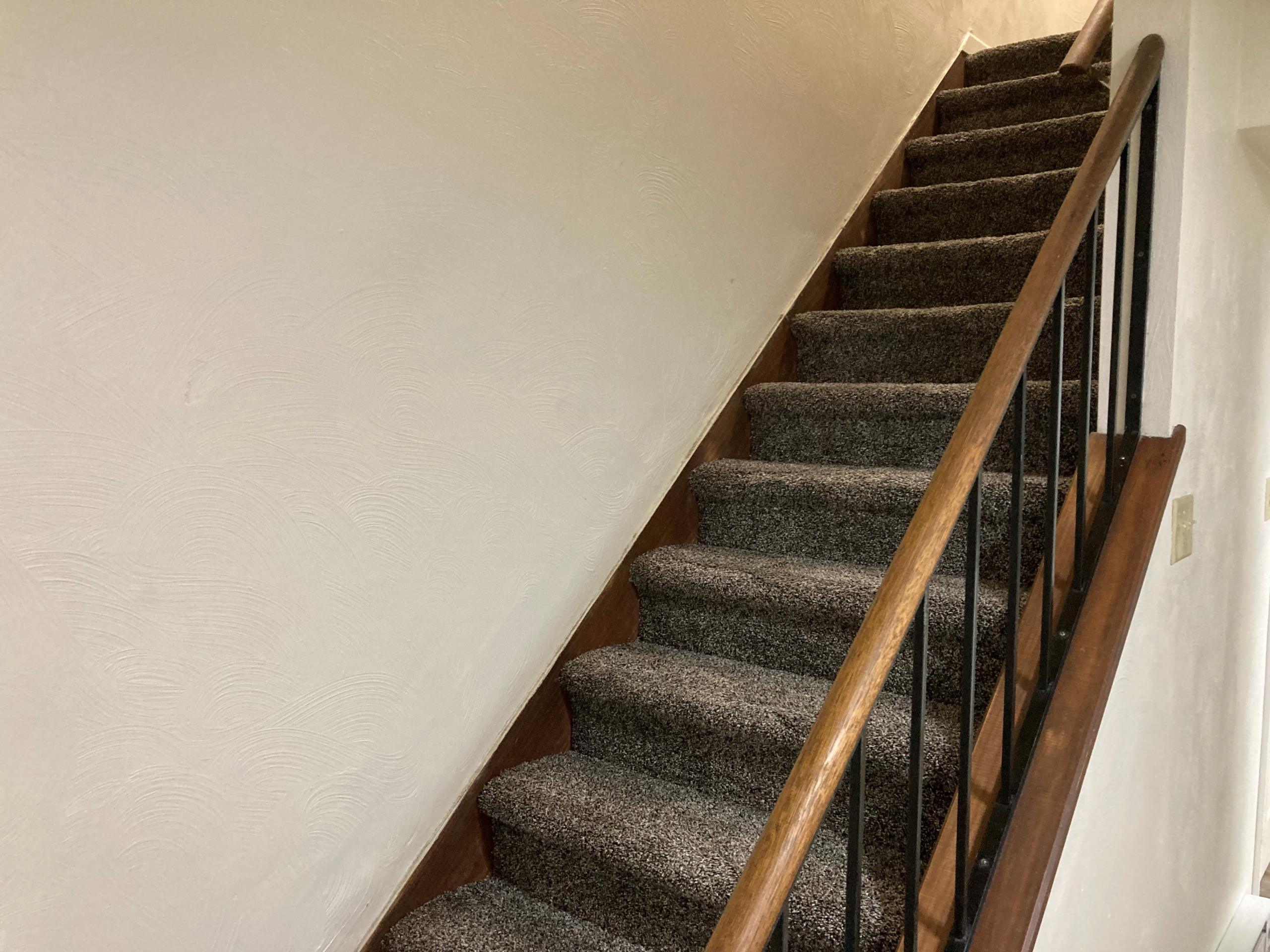 Carpeted staircase with wooden banister