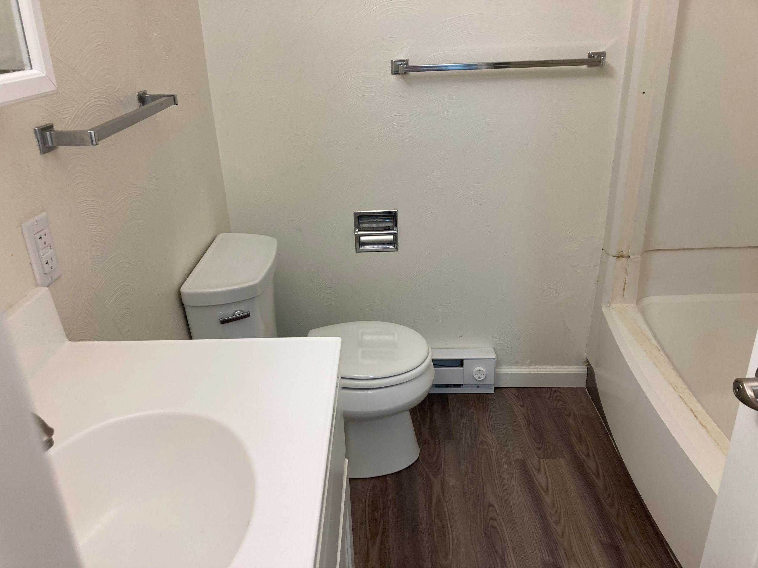 Bathroom with toilet, sink, and tub