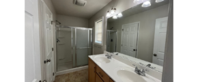 a bathroom with two sinks and a shower