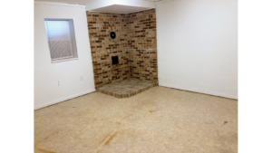 Carpeted basement with brick platform