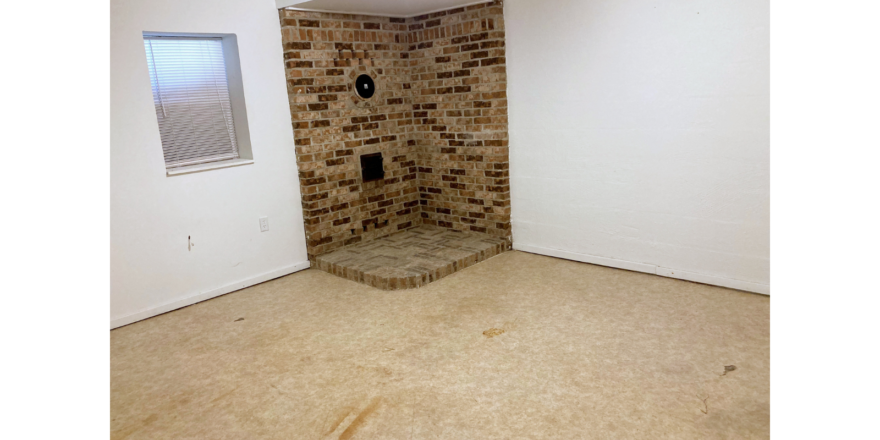 Carpeted basement with brick platform