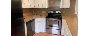 U-Shaped kitchen with white cabinets and stainless steel appliances and black fridge