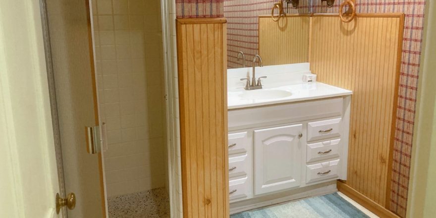 Bathroom with shower stall and vanity