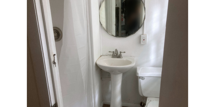 Small bathroom with shower stall, pedestal, and toilet