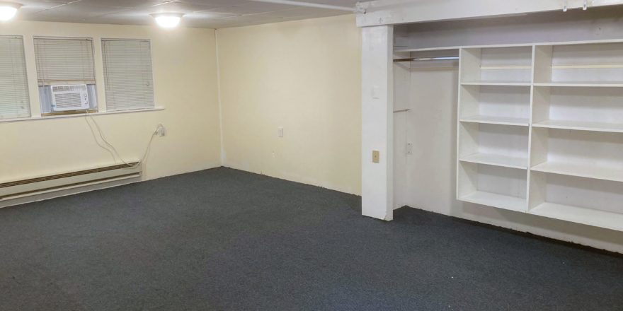 Unfurnished, carpeted bedroom with built in shelving
