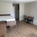 Living/sleeping area with desk, dining table, and full-size bed