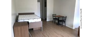 Living/sleeping area with desk, dining table, and full-size bed