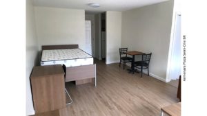 Living/sleeping area with desk, dining table, and full-size bed