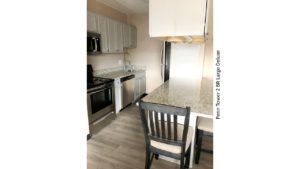 Kitchen with stainless steel appliances and counter seating