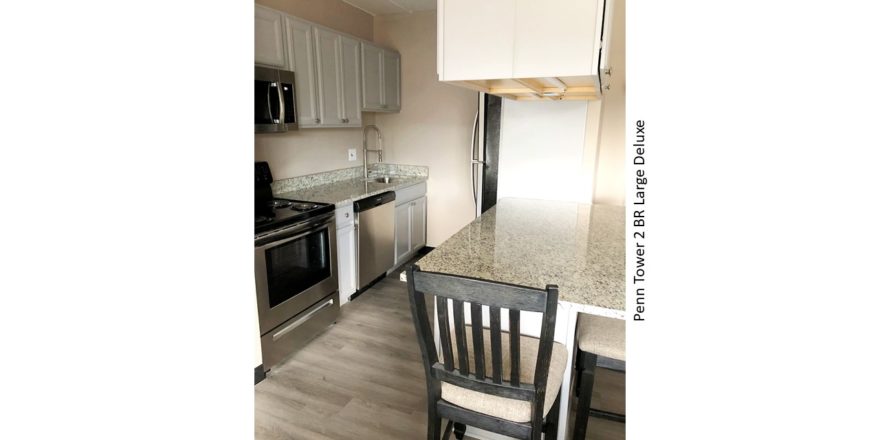 Kitchen with stainless steel appliances and counter seating