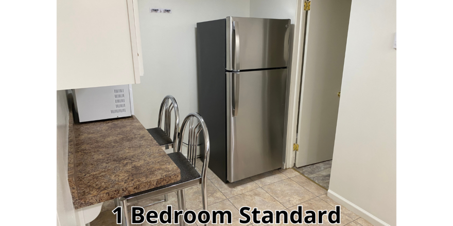 a kitchen with a refrigerator, sink and a microwave