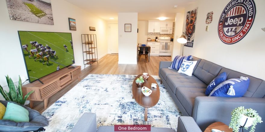 Living room with couch, chairs, large TV, and area rug