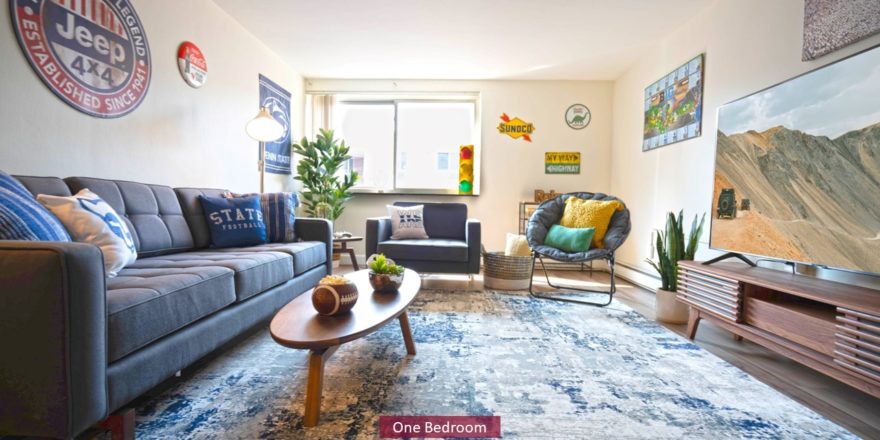 Living room with couch, chairs, large TV, and area rug